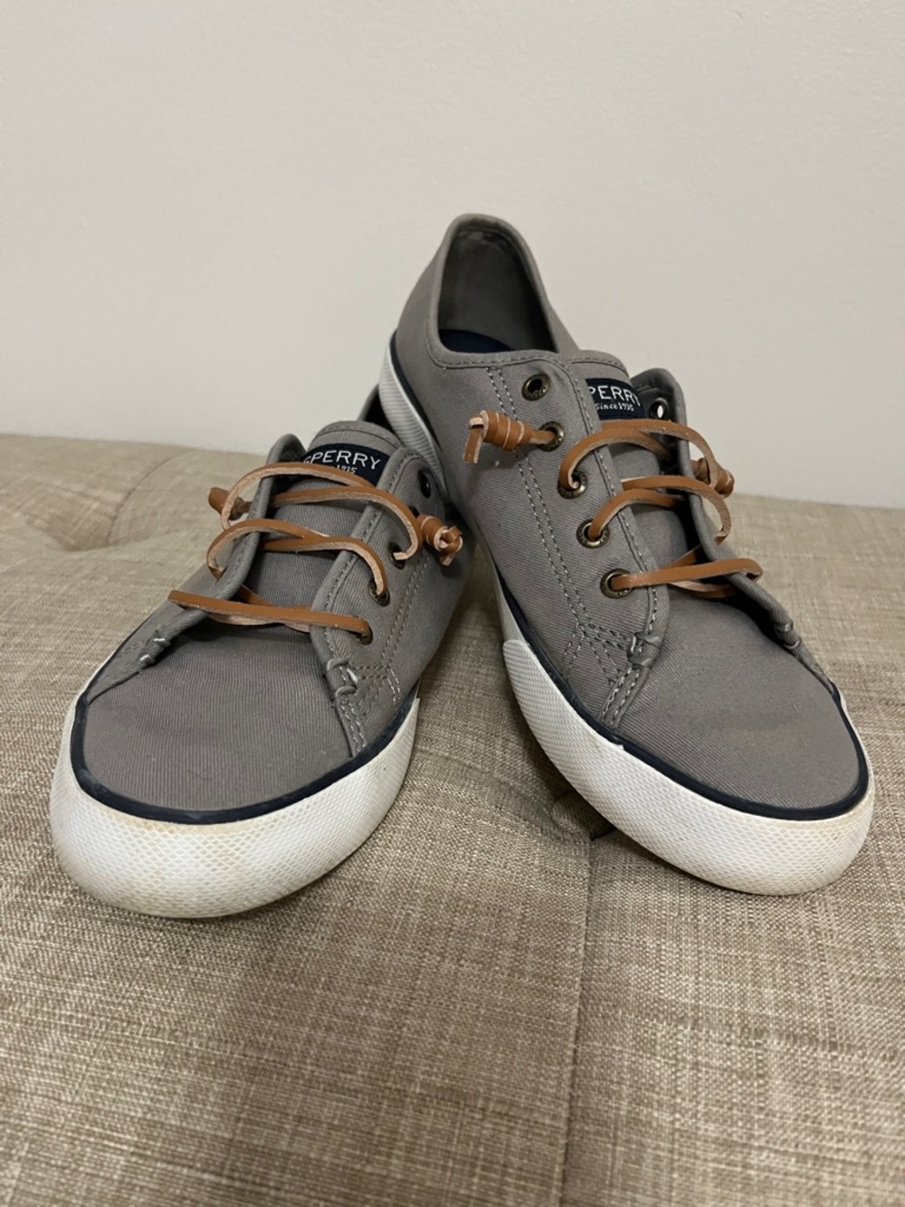 Sperry Gray Canvas Sneakers with Brown Laces